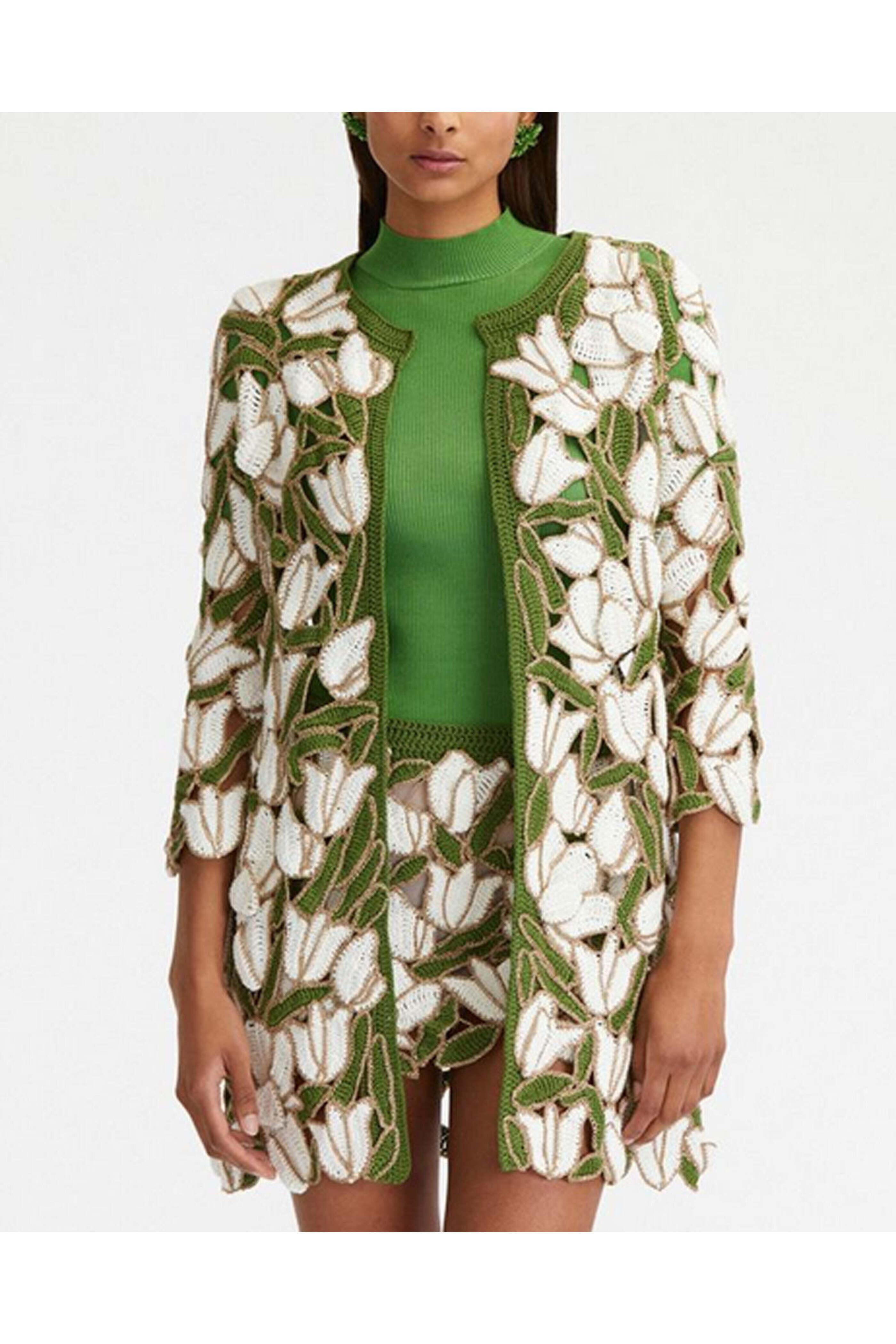 Oscar de la Renta - Ivory and Gold Tulip and Leaves Crochet Coat