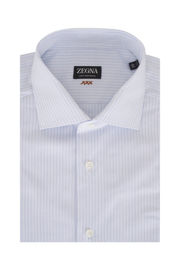 Zegna White & Blue Stripe Cotton Dress Shirt