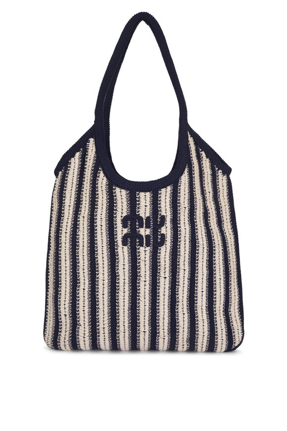 Miu Miu Ivy Navy & Chalk White Stripe Crochet Tote