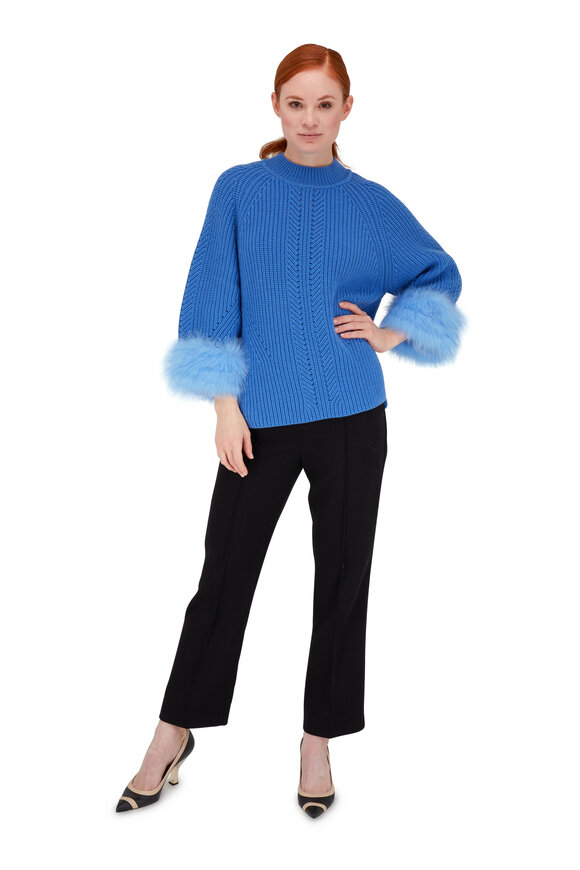 Fendi - Cerulean Blue Ribbed Cashmere Fox Trim Sweater