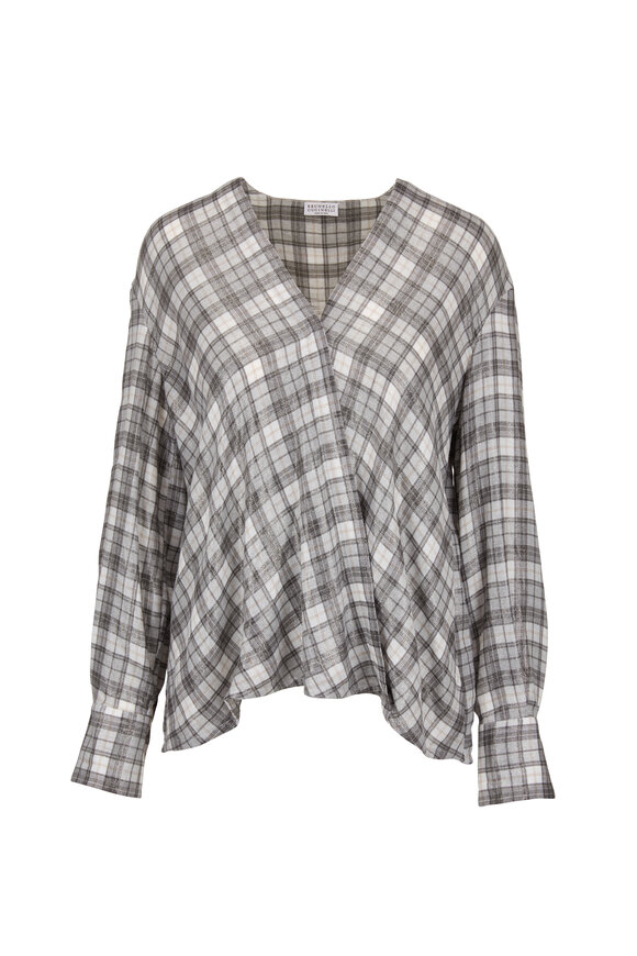 Brunello Cucinelli - Gray Modal & Lurex Plaid Cross Front Top