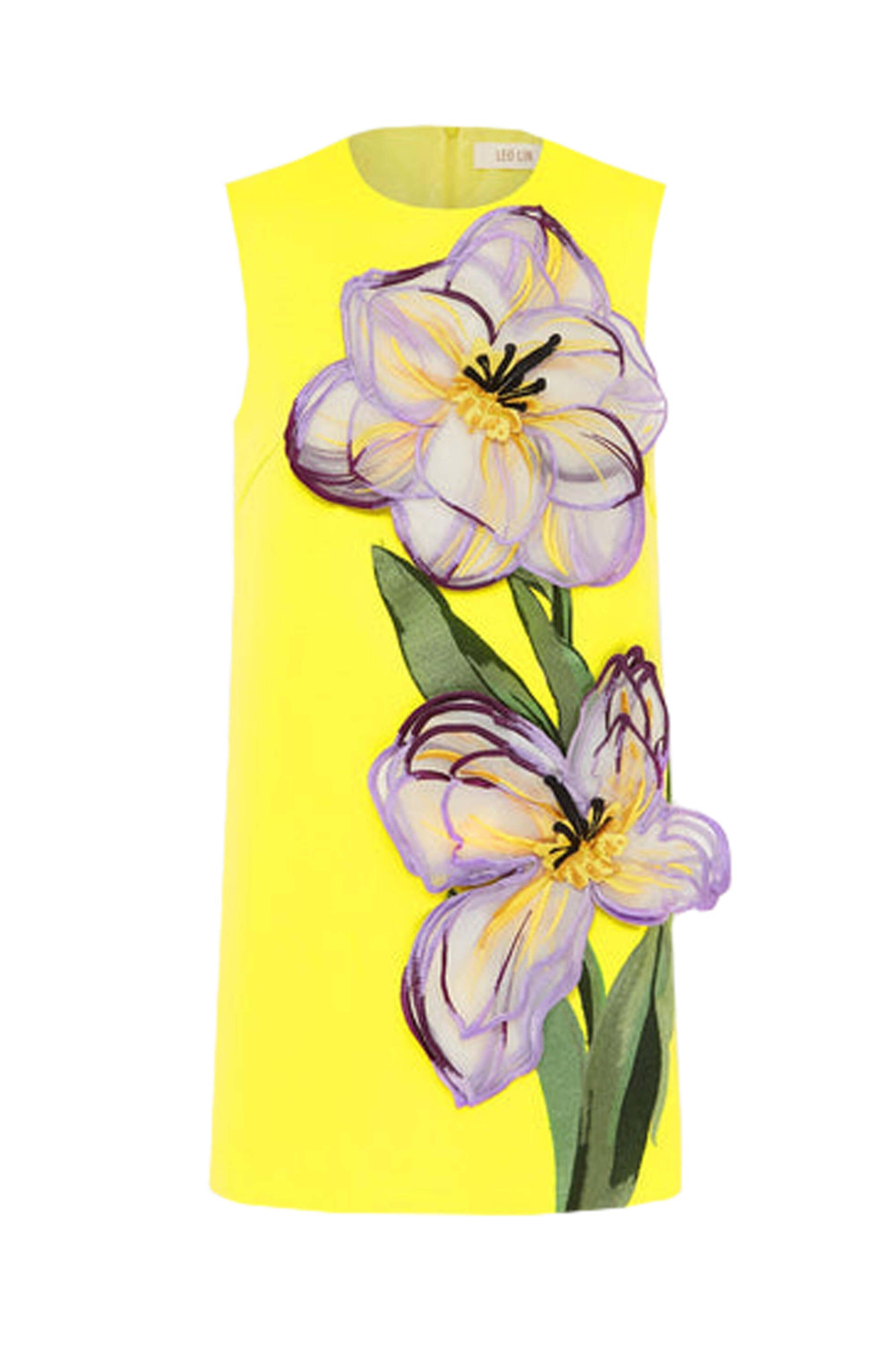 Leo Lin - Iris Yellow Floral Applique Yvonne Mini Dress