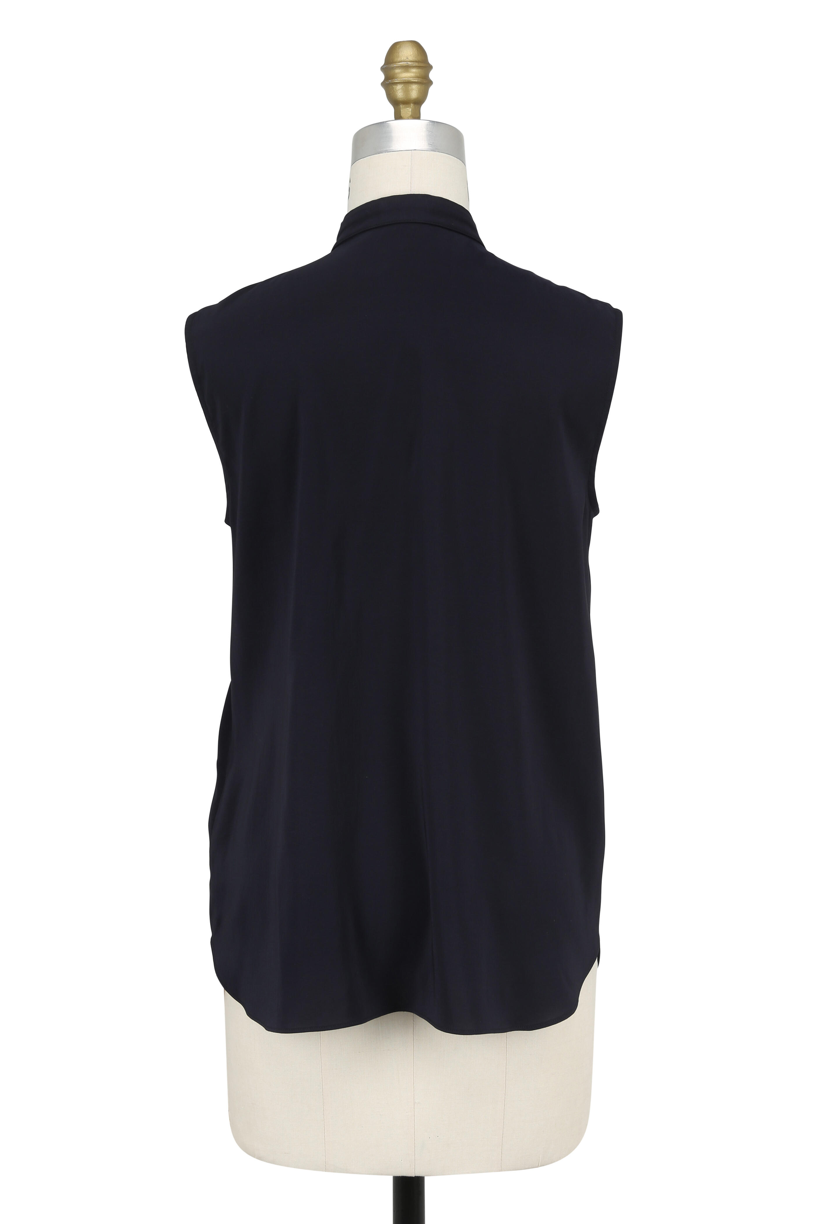 Brunello Cucinelli - Navy Blue Silk Monili Tassel Sleeveless Blouse