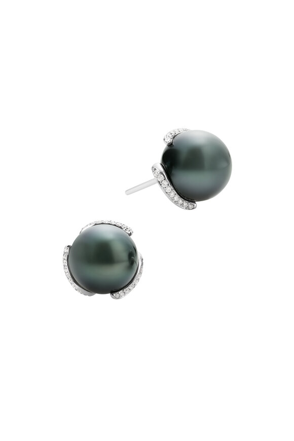 Mikimoto - White Gold Black Pearl White Diamond Earrings