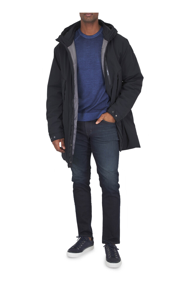 Designer outfit featuring Denim Merino Wool Raglan Crewneck Sweater, Easy 2.0 Black Padded Coat and 1 other piece