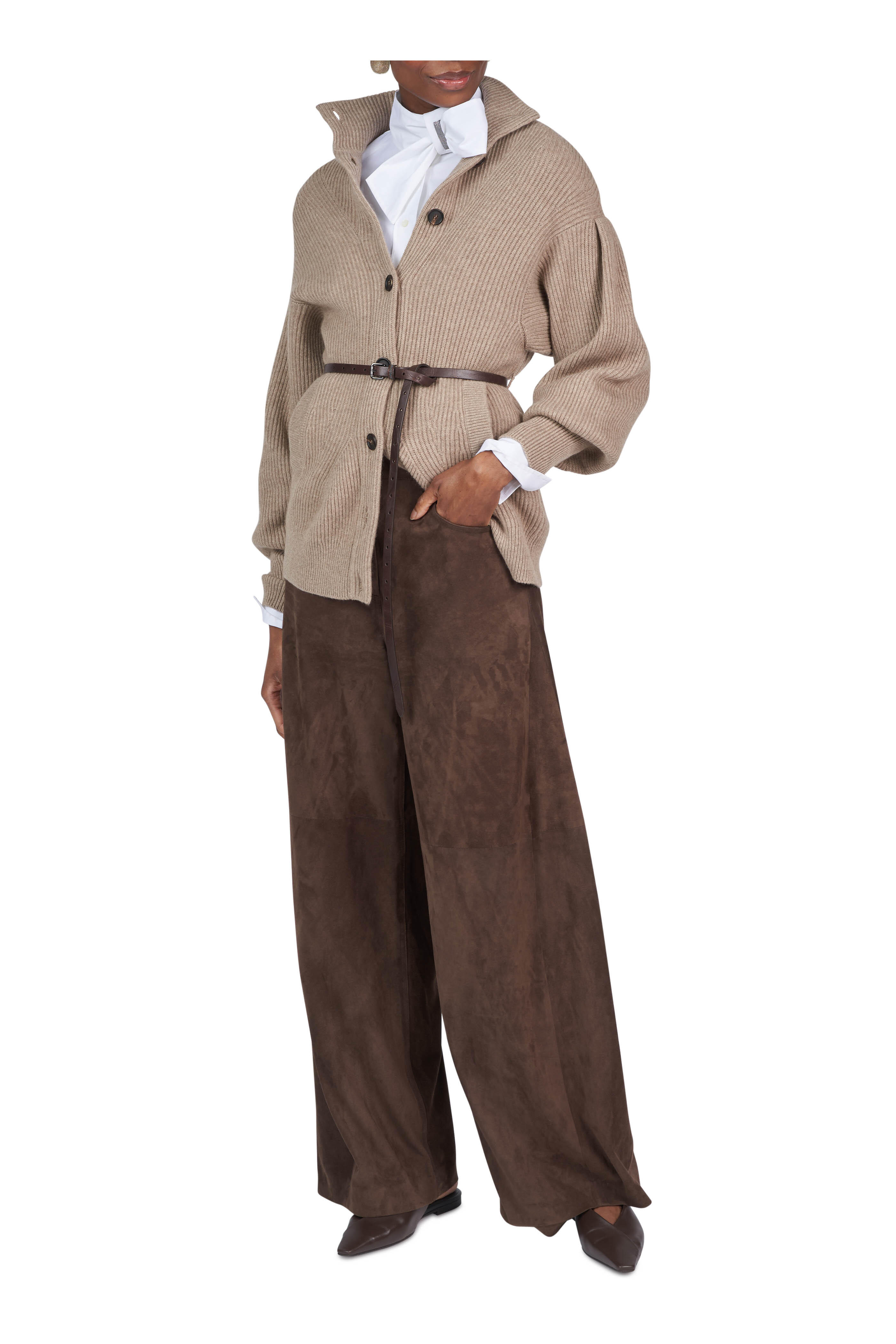 Brunello Cucinelli - Light Brown Wool, Cashmere & Silk Belted Cardigan - view 2
