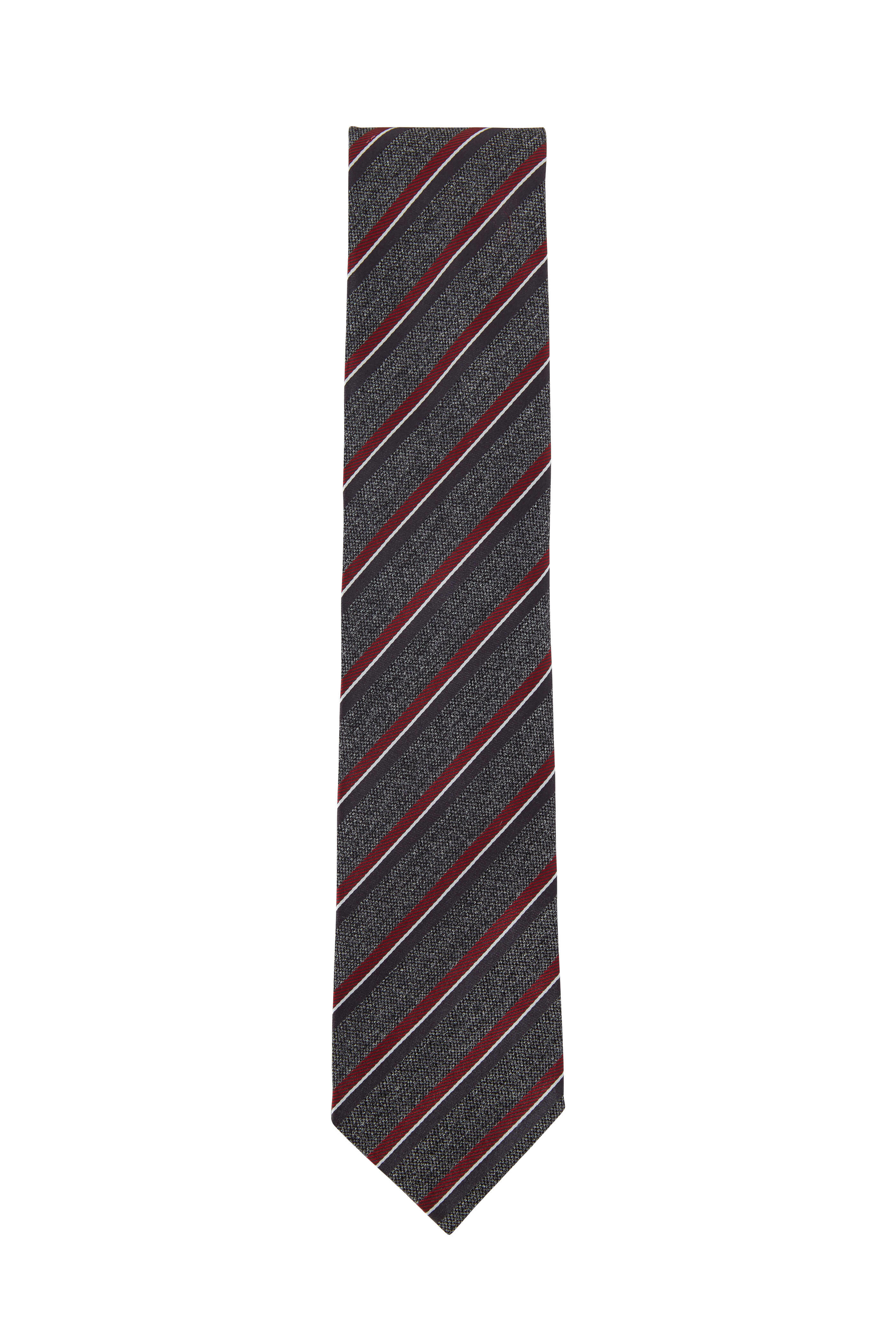 Zegna - Gray & Red Striped Silk Necktie | Mitchell Stores