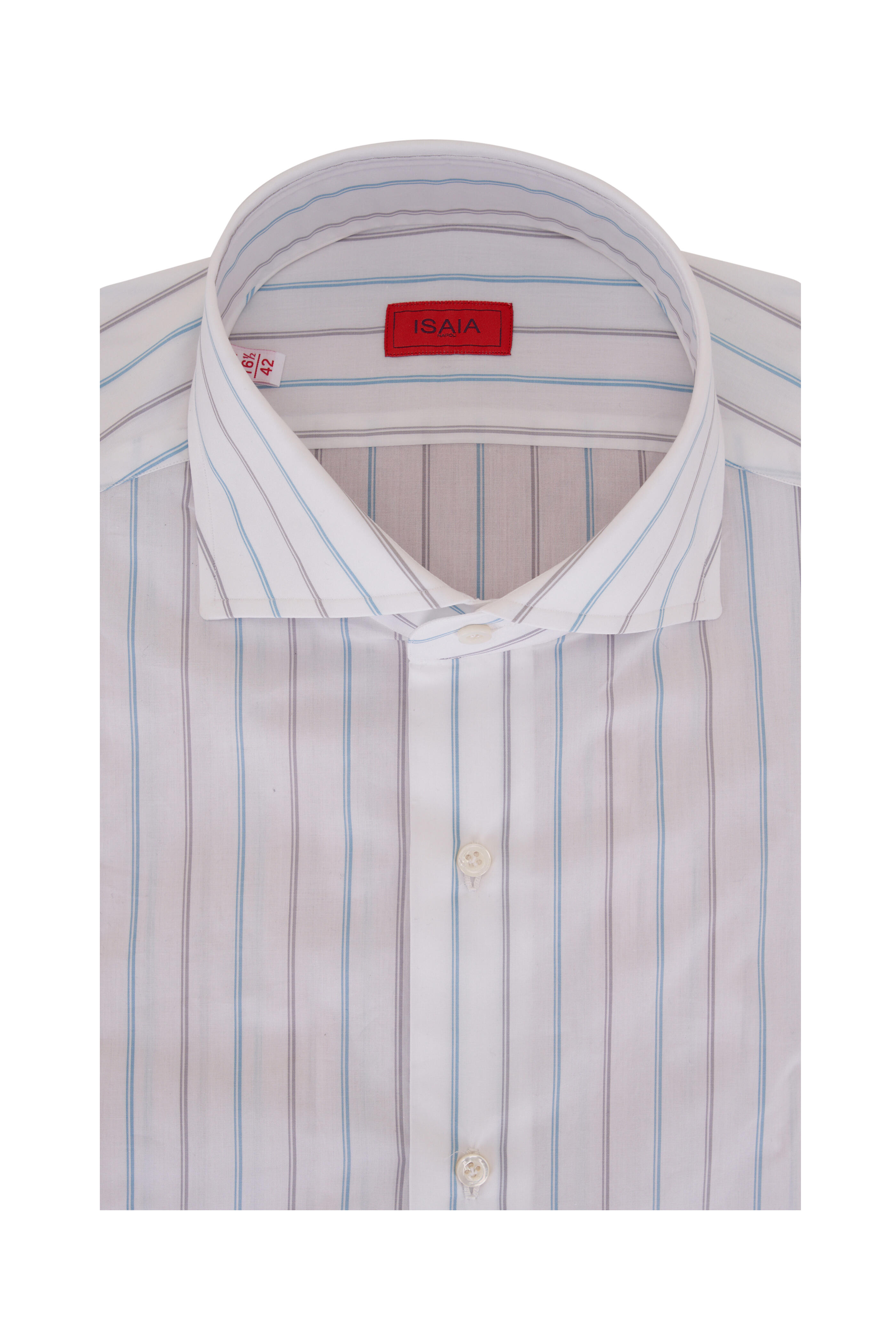 Isaia - White, Teal & Gray Stripe Cotton Dress Shirt
