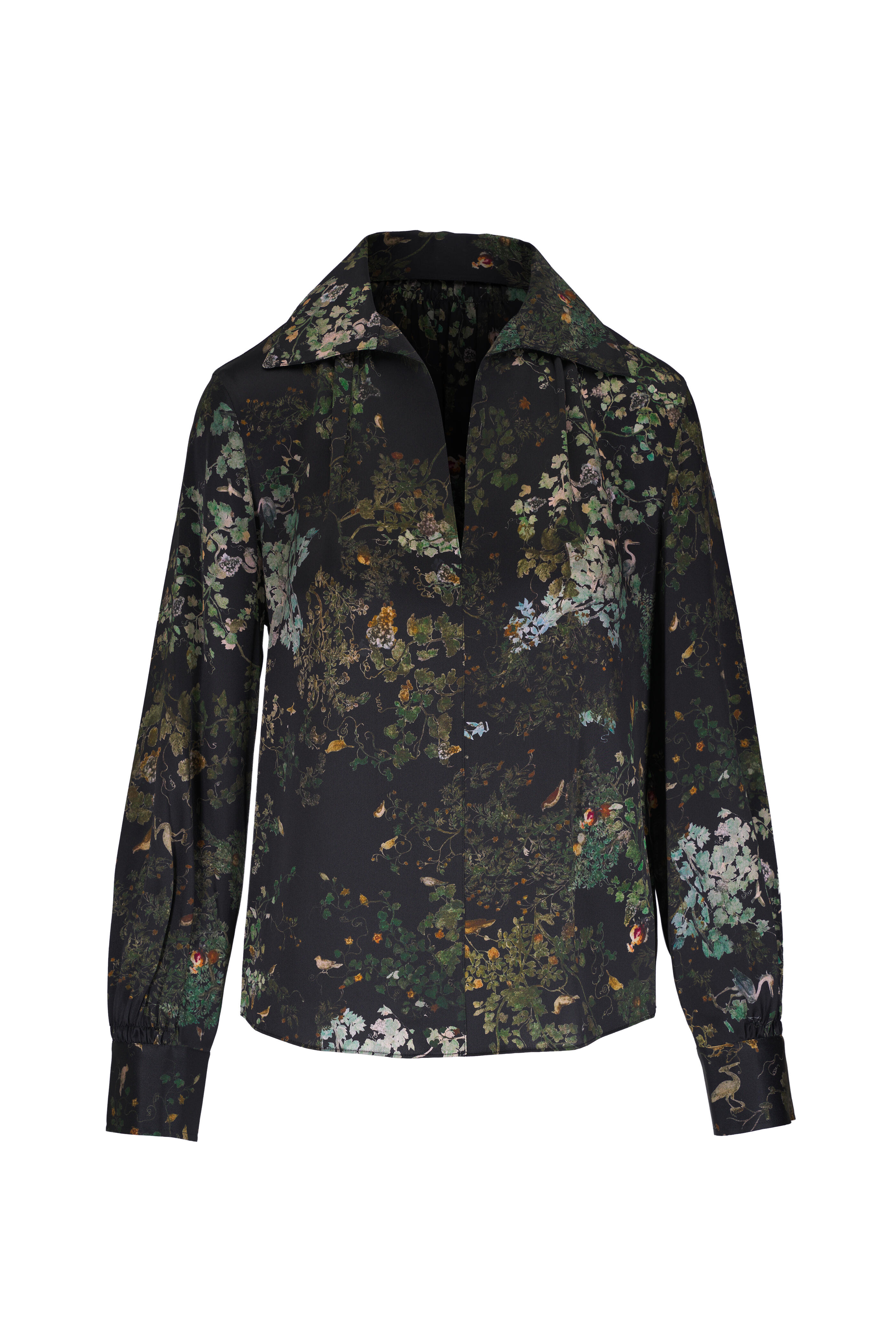 Vince - Black Sky Grape Vine Print Smocked Silk Blouse