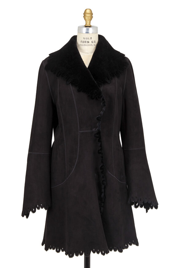 Viktoria Stass - Black Shearling Perforated Scalloped Coat