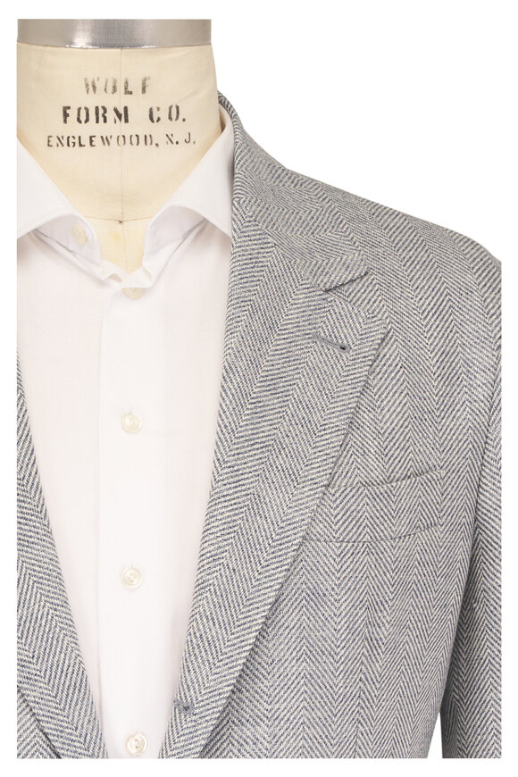 Brunello Cucinelli Light Blue Wool & Cashmere Chevron Sportcoat - view 1