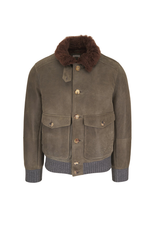 Brunello Cucinelli Military Green Waxed Shearling Bomber Jacket - view 1