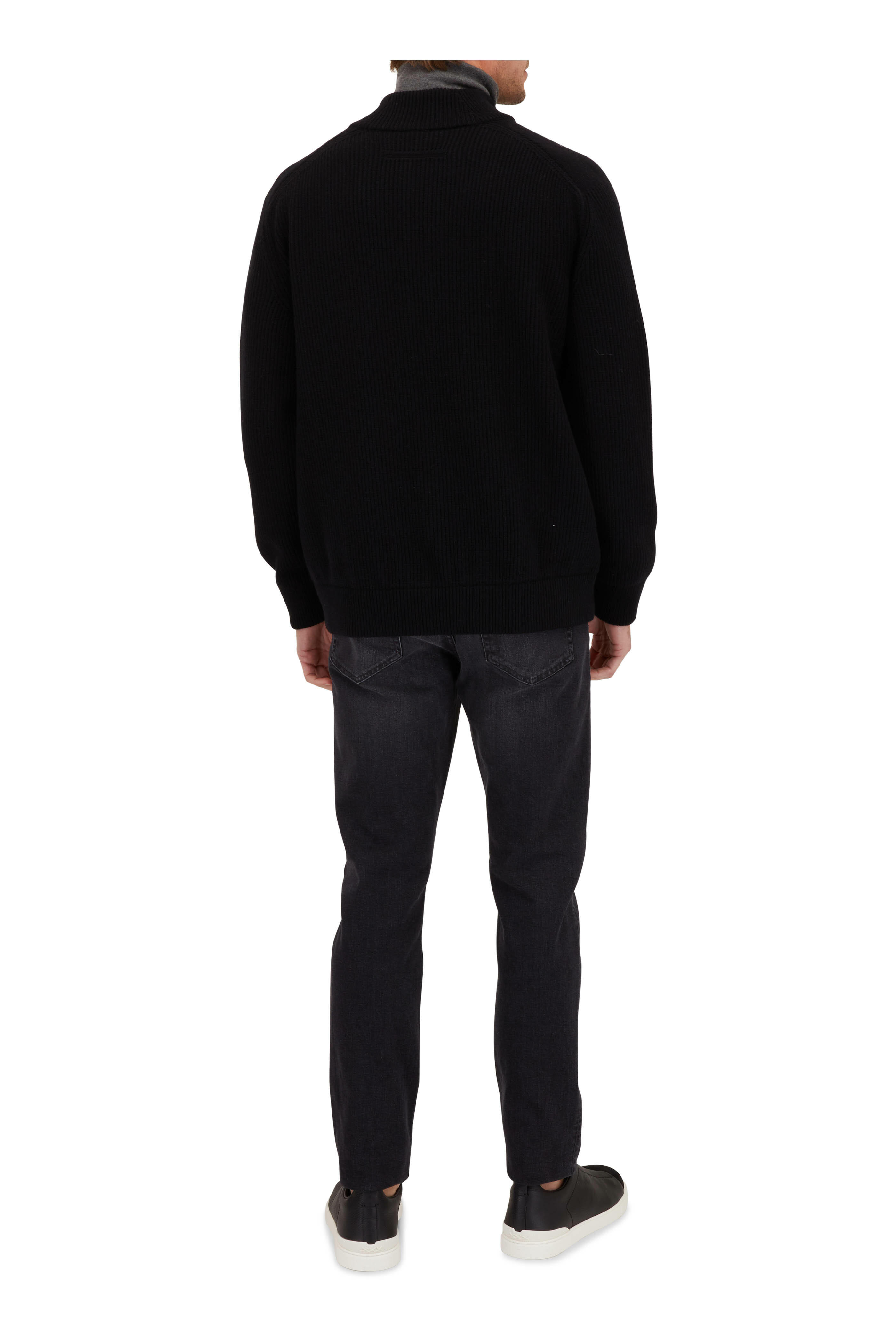 Zegna - Black Ribbed Full Zip Sweater