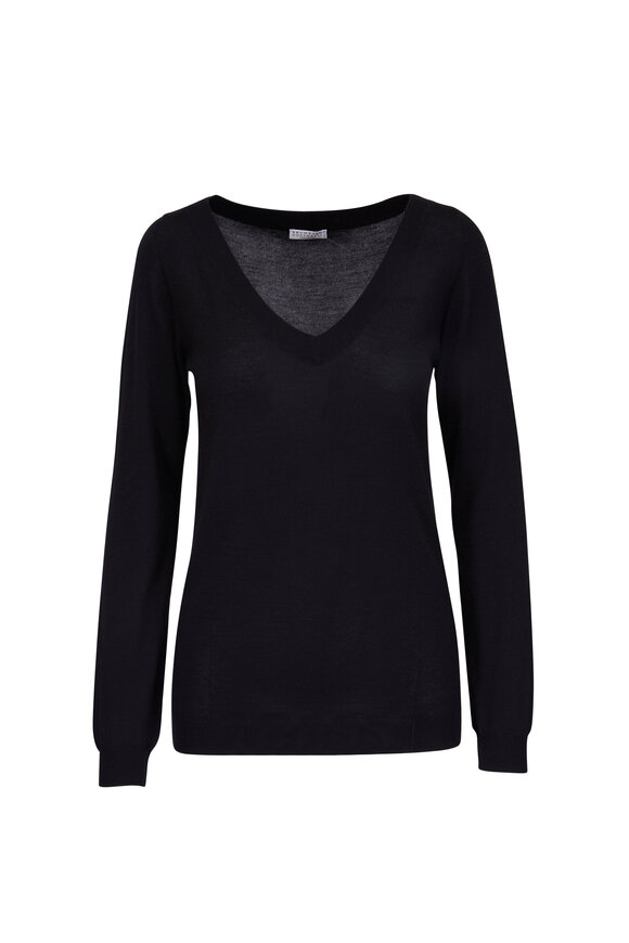 Brunello Cucinelli - Black Cashmere & Silk V-Neck Sweater