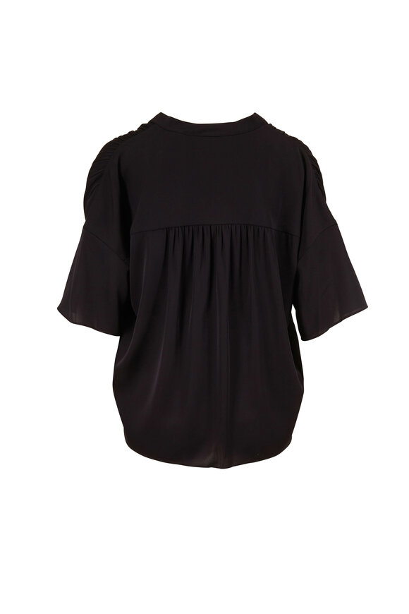 Vince - Black Shirred V-Neck Short Sleeve Blouse