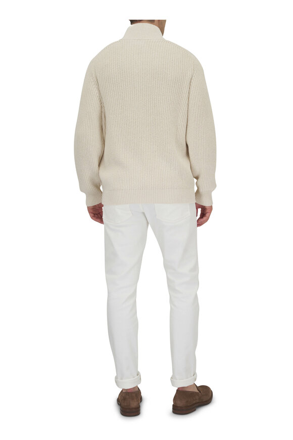 Brunello Cucinelli - Off White Cotton Ribbed Full Zip Sweater