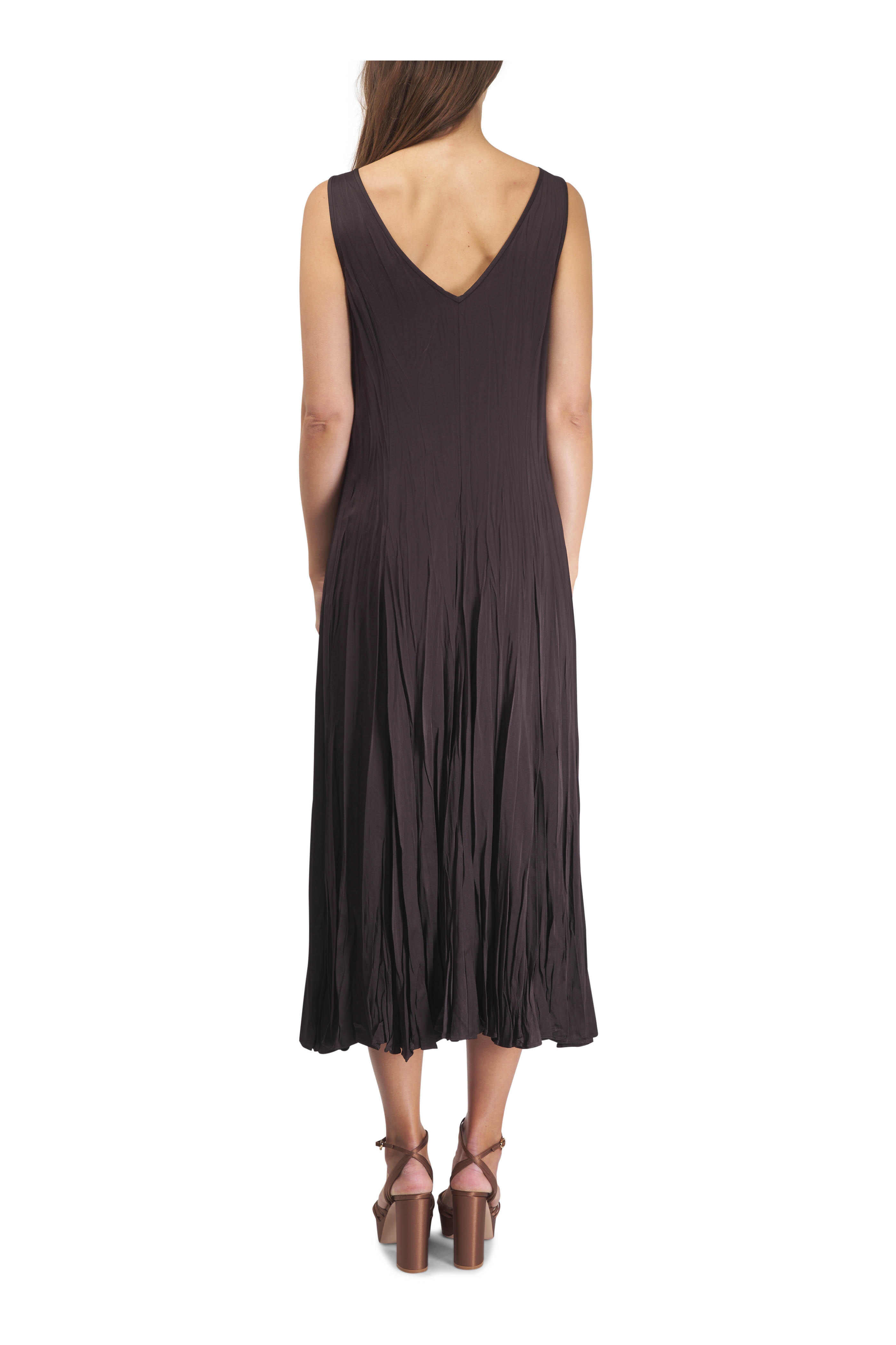Michael Kors Collection - Crushed Satin Chocolate V-Neck Sleeveless Dress
