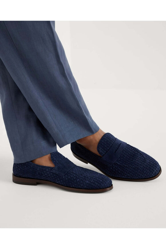 Brunello Cucinelli Ocean Blue Woven Suede Loafer - view 4