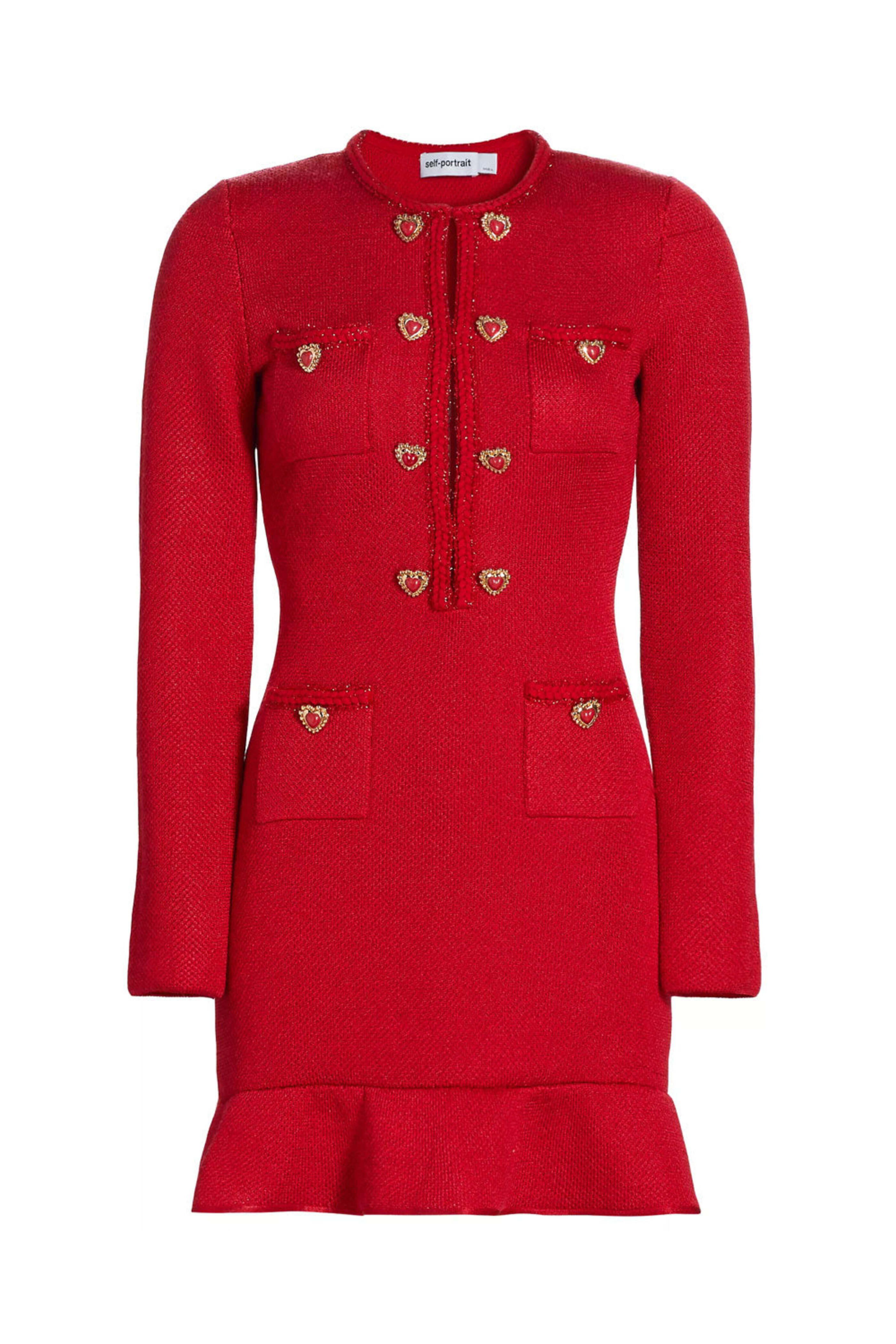 【大人気】SELF PORTRAIT レッドニットハートボタンミニドレス Self - Portrait - Red Knit Heart Buttoned Mini Dress