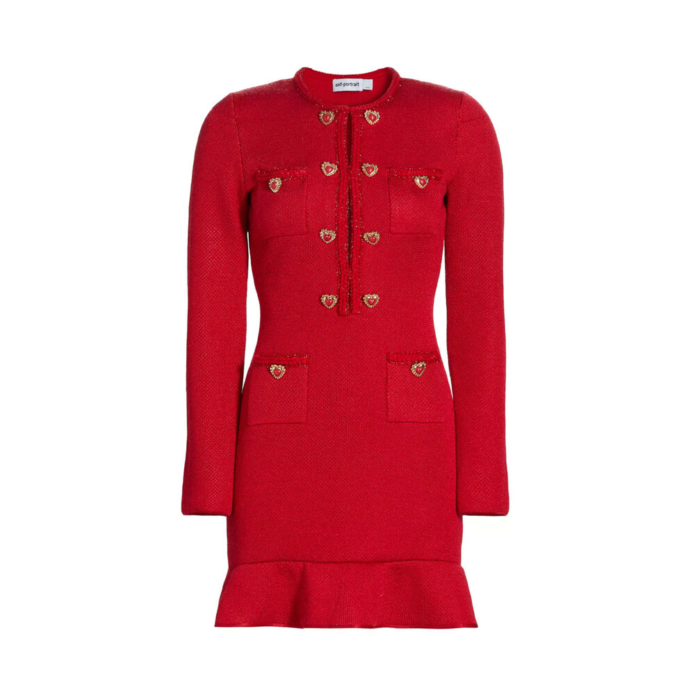 【大人気】SELF PORTRAIT レッドニットハートボタンミニドレス Red Knit Heart Buttoned Mini Dress – self-portrait-US