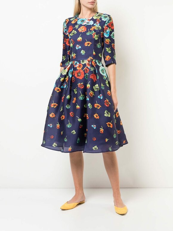 Carolina Herrera - Blue Floral Print Elbow Sleeve Dress