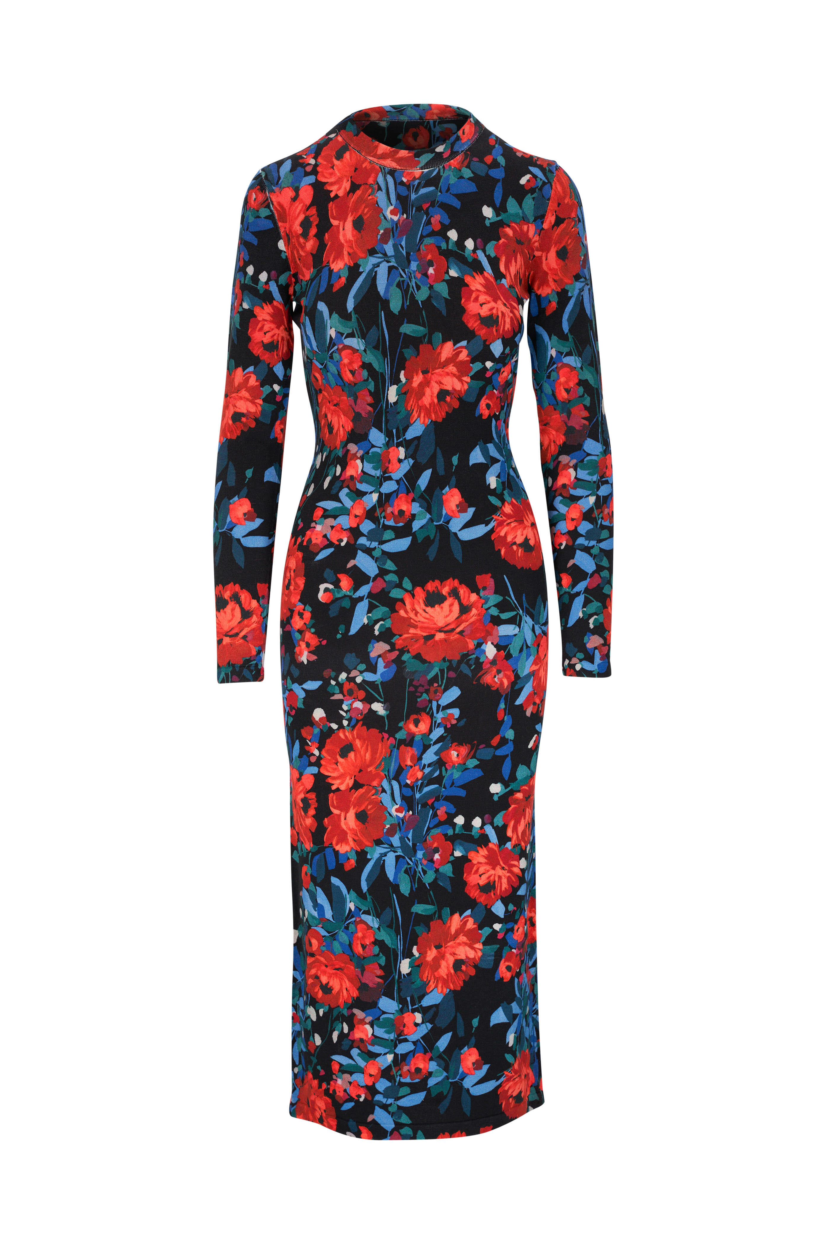 Lela Rose - Black Multi Floral Print Knit Midi Dress