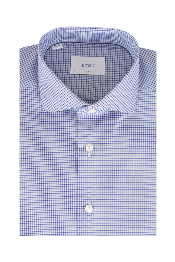 Eton Blue Check Twill Cotton Dress Shirt - view 1