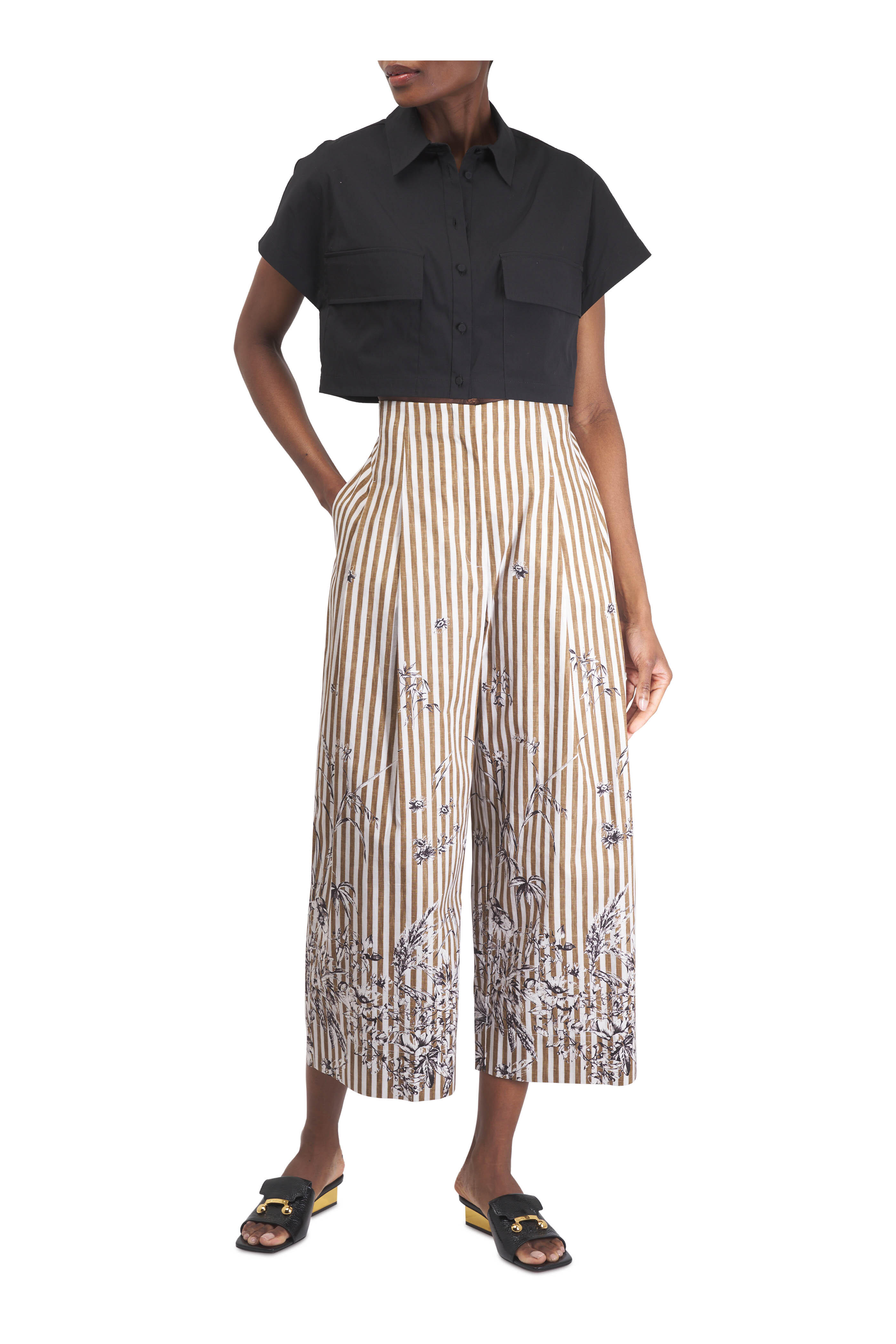 Lela Rose - Black Stretch Cotton Poplin Cropped Blouse