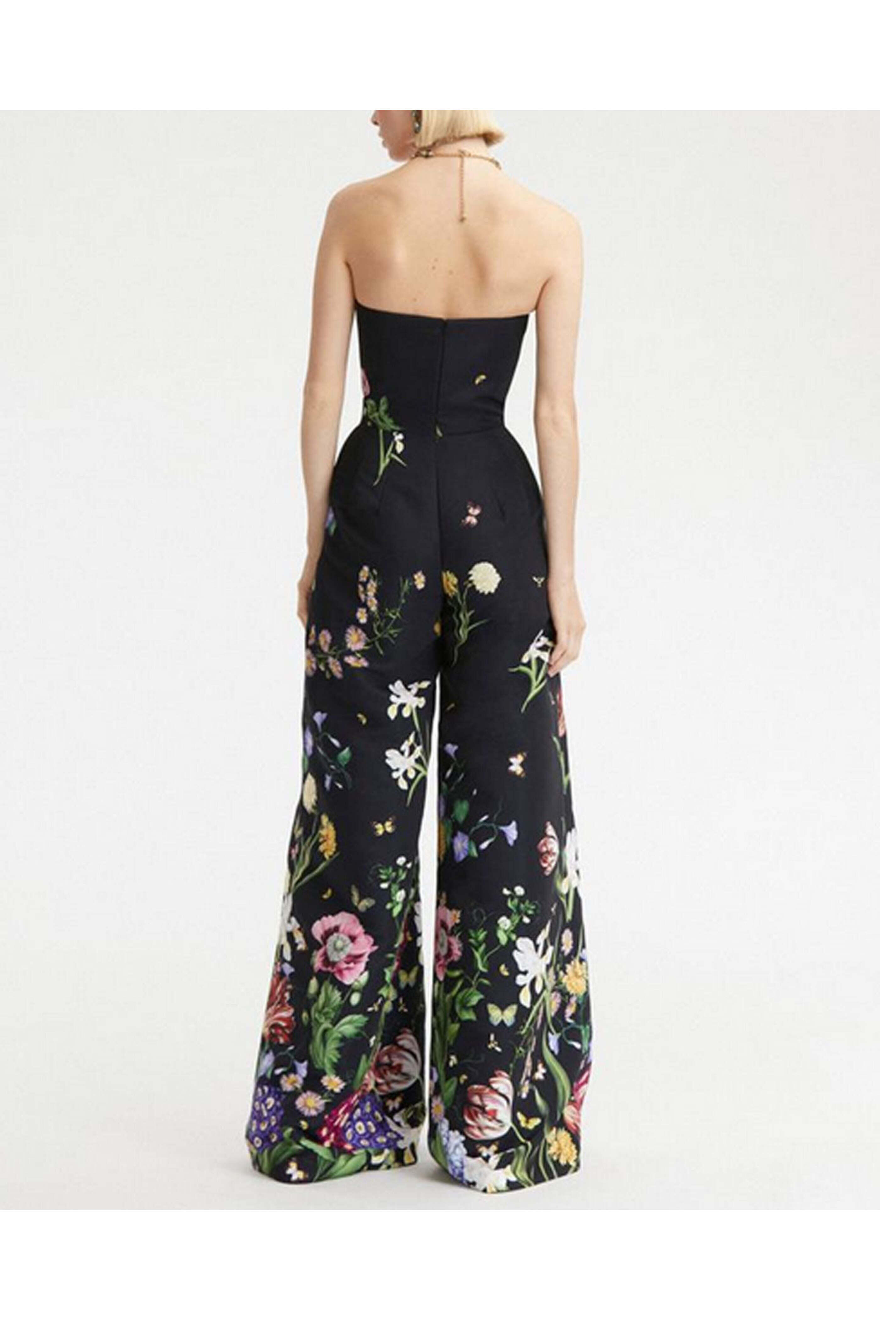 Oscar de la Renta - Navy Floral Strapless Faille Jumpsuit