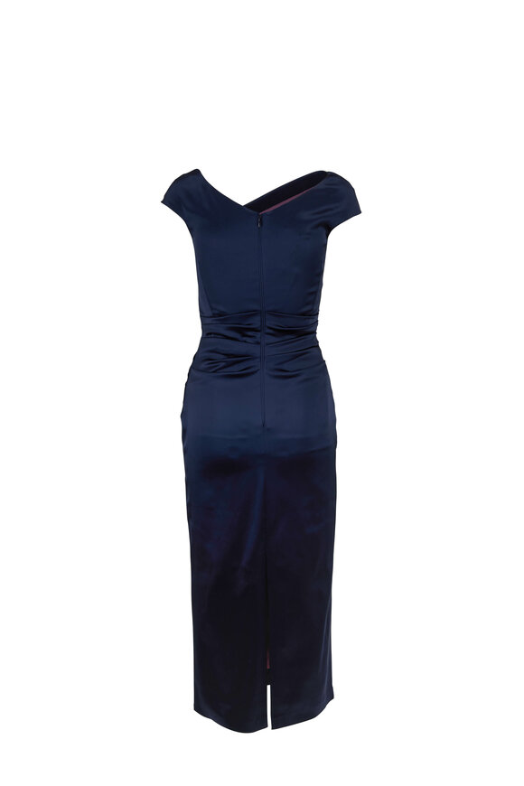 Talbot Runhof - Roya 1 Navy Off-The-Shoulder Ruched Midi Dress