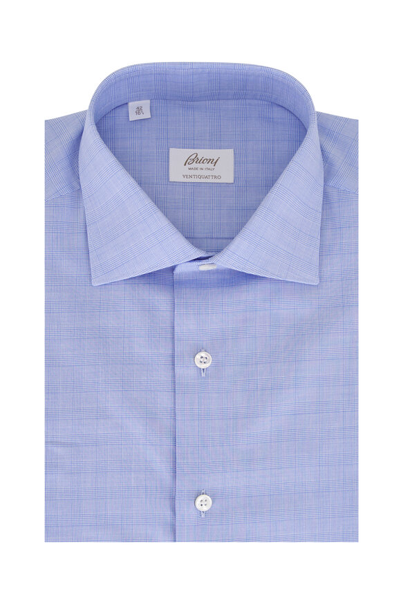 Brioni Ventiquattro Blue Plaid Cotton Dress Shirt
