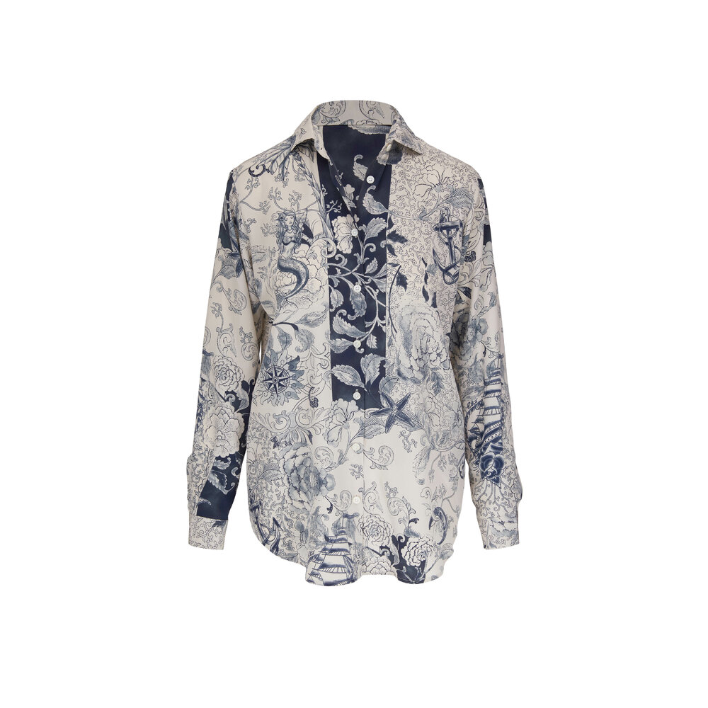 Etro - Cream & Blue Multi Print Silk Blouse | Mitchell Stores