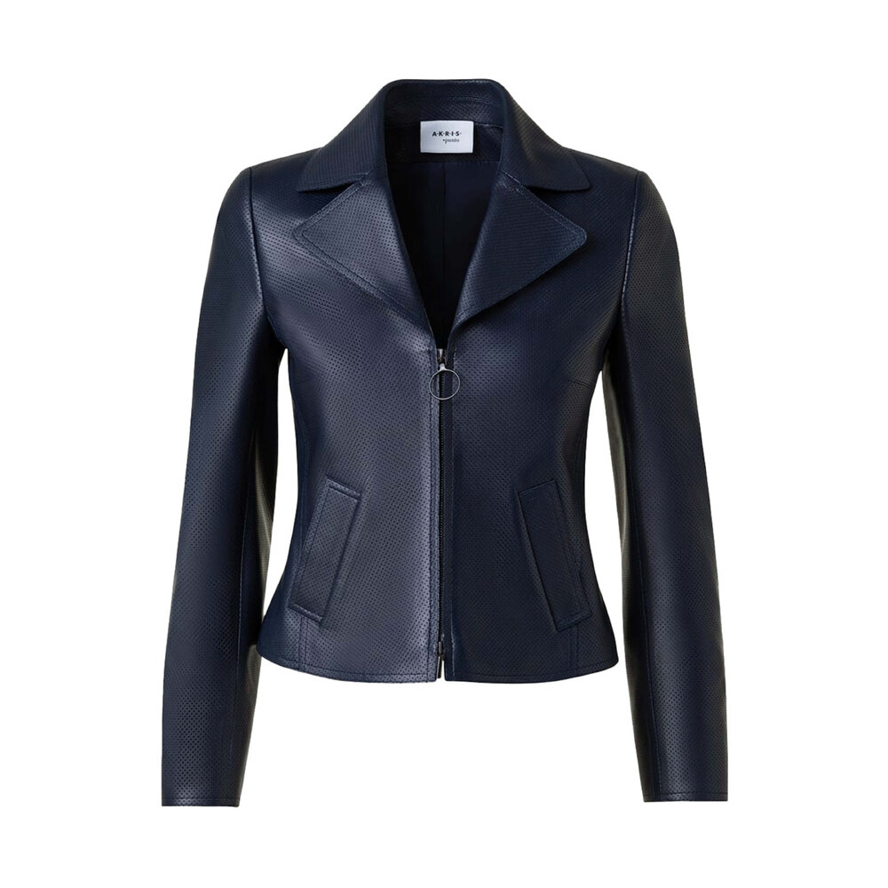 Akris Punto - Navy Leather Perforated Pin Dot Biker Jacket