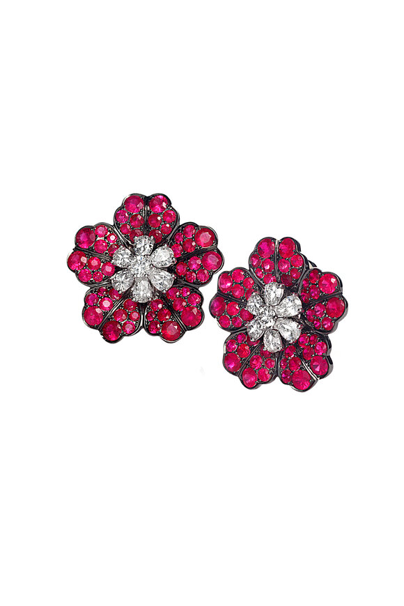 Nam Cho - 18K White Gold Ruby & Diamond Flower Earrings