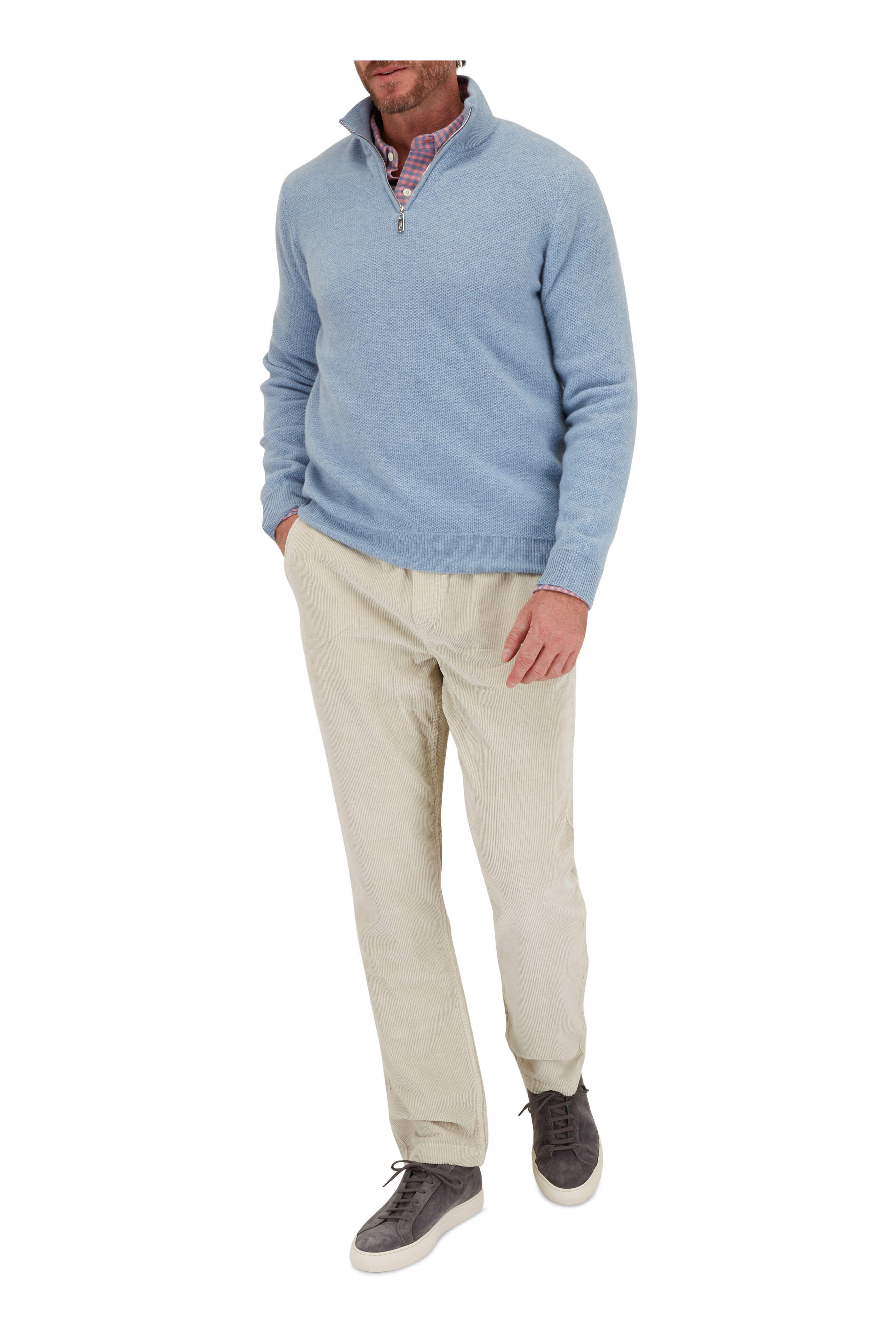 Fedeli - Birdseye Light Blue Cashmere Quarter Zip Pullover