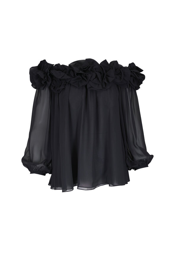 Carolina Herrera Black Flower Silk Off-The-Shoulder Top - view 1