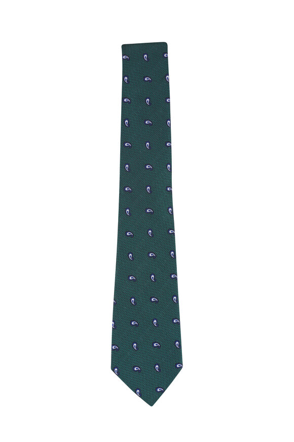 Zegna Green Paisley Textured Silk Necktie - view 1