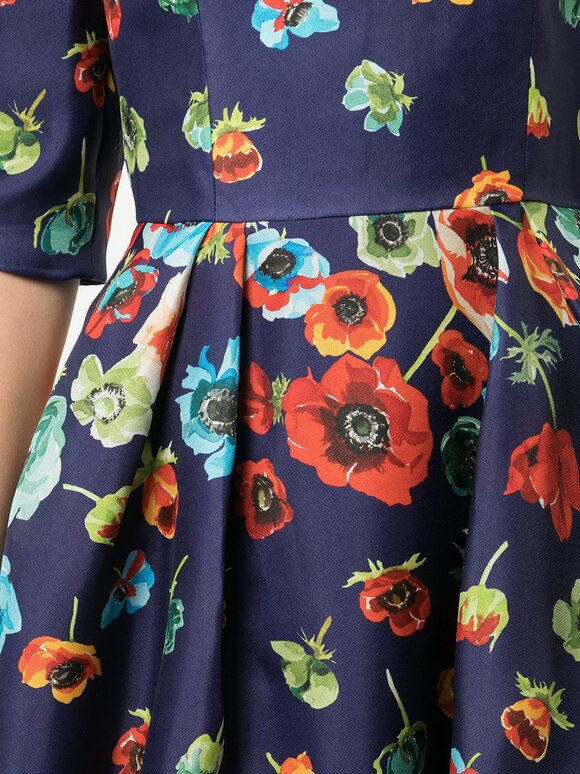 Carolina Herrera - Blue Floral Print Elbow Sleeve Dress