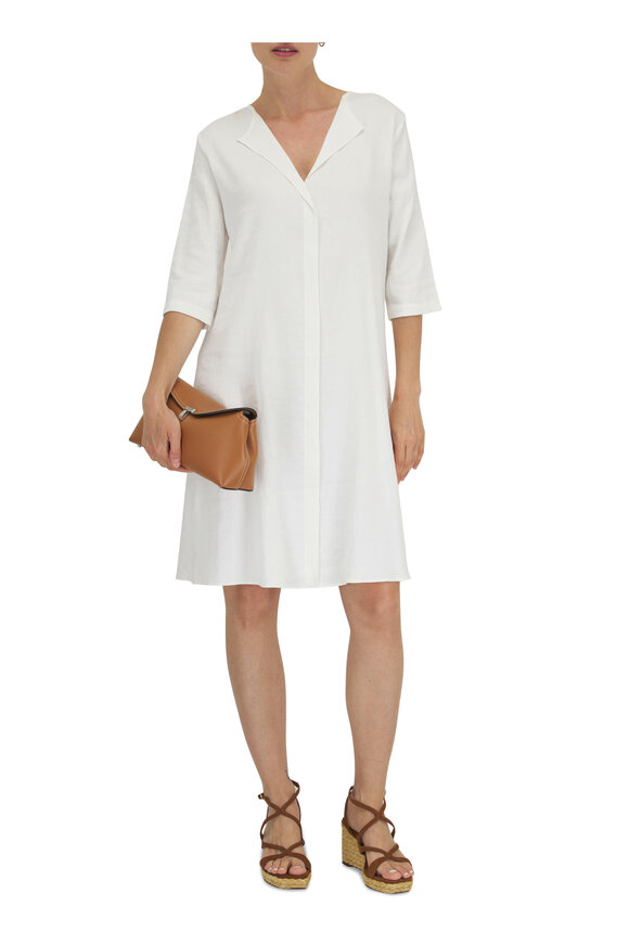 Peter Cohen - White Stretch Linen Three-Quarter Sleeve Dress 