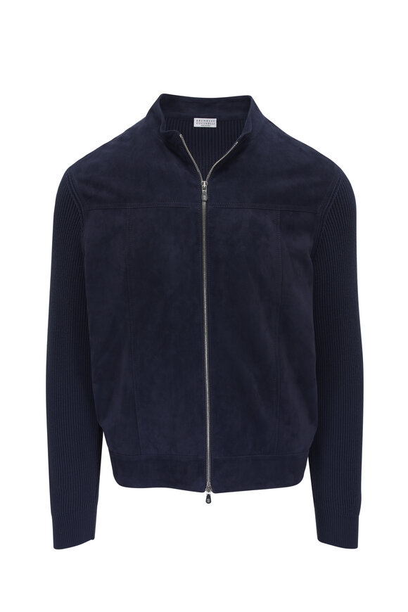 Brunello Cucinelli Dark Blue Hybrid Suede & Cotton Full Zip Jacket