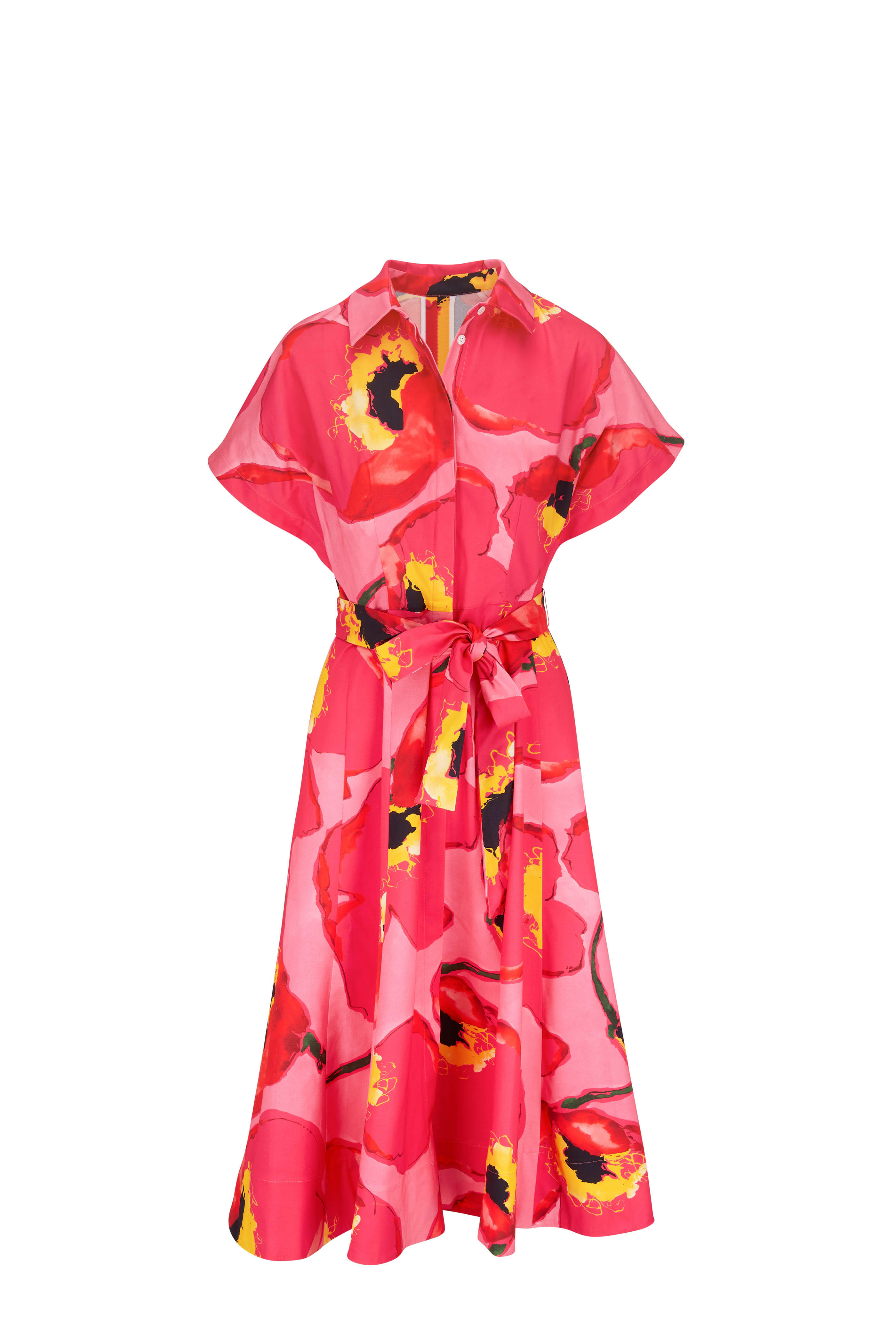 Carolina Herrera - Pink & Red Poppy Print Belted Kimono Sleeve Dress