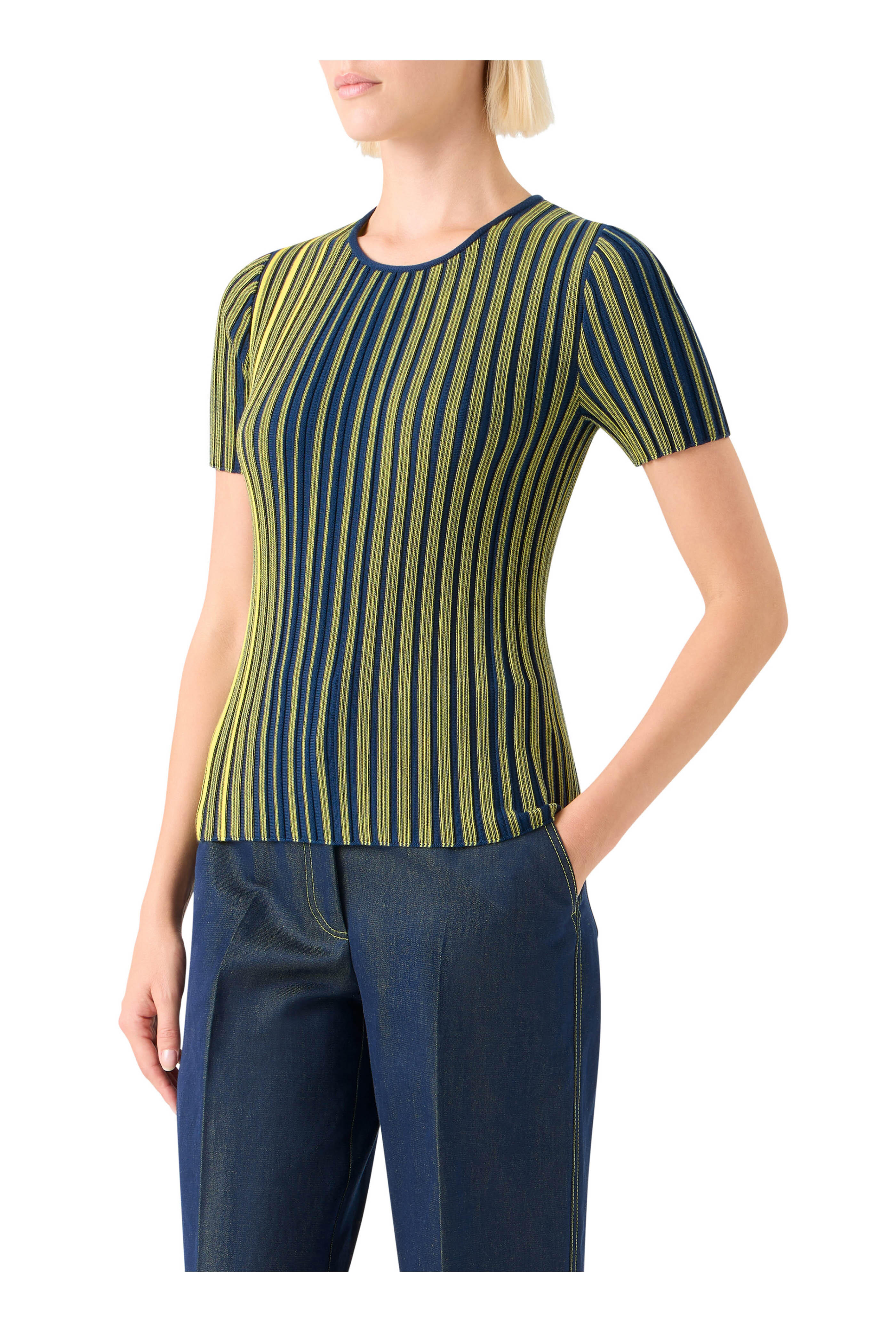 Akris Punto - Cobalt Blue Stripe Rib Knit Short-Sleeve Sweater - view 4