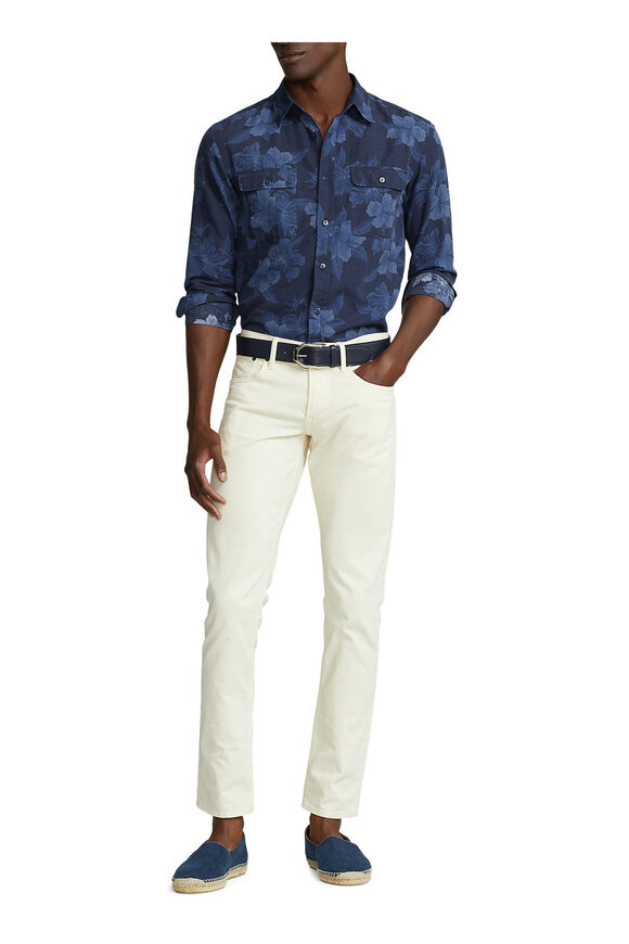 Ralph Lauren Purple Label Navy Tonal Hibiscus Print Sport Shirt