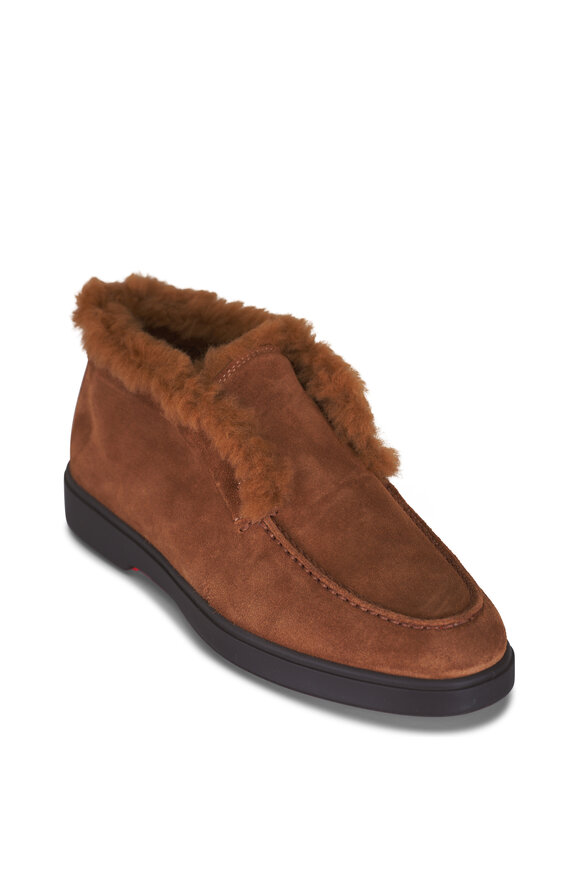 Santoni Fortune Shearling Brown Suede Loafer