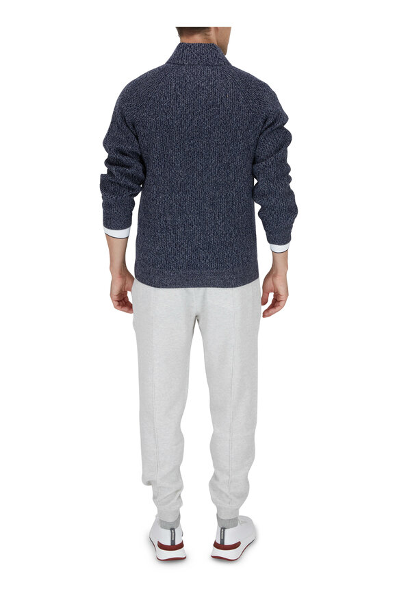 Brunello Cucinelli - Blue Mélange Ribbed Cashmere Quarter Zip Pullover