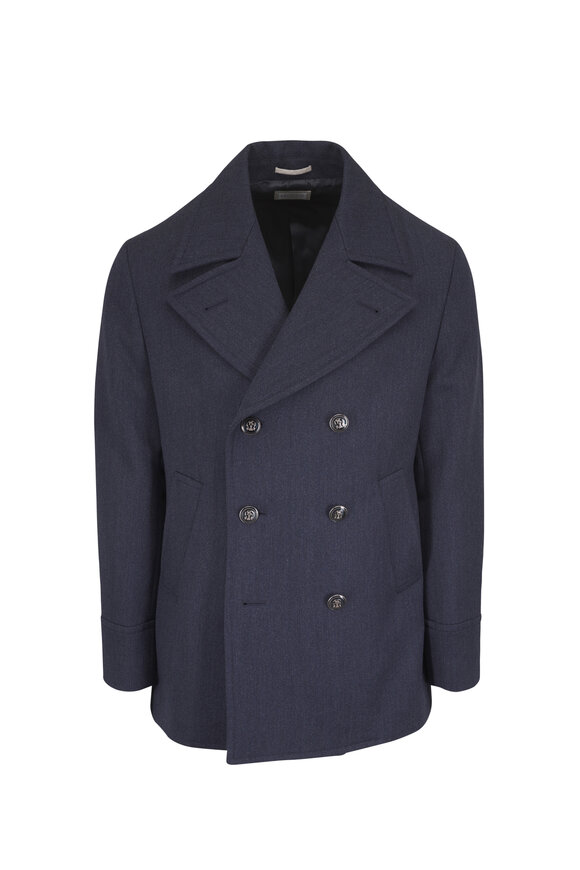 Brunello Cucinelli Blue Wool & Cashmere Cavalry Pea Coat - view 1