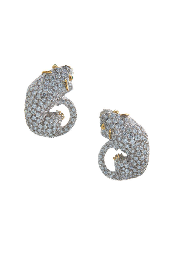 David Webb - 18K Gold Emerald & Diamond Lion Earrings