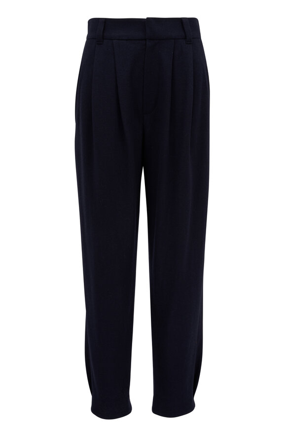 Brunello Cucinelli Navy Cashmere Pleated Relaxed Fit Pant