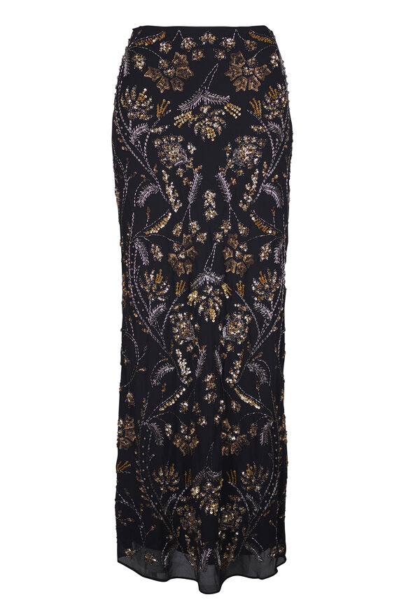 Veronica Beard Medina Black & Gold Floral Embellished Maxi Skirt