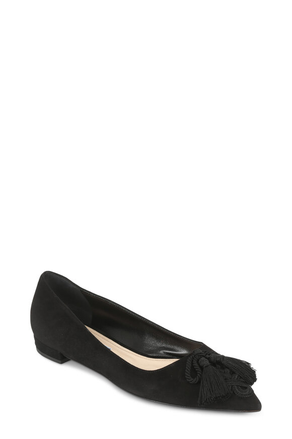 Prada - Black Suede Tassel Bow Pointed Flat